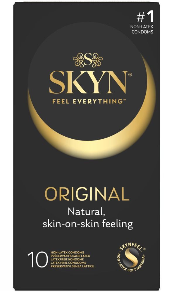 Schwarze Schachtel mit goldfarbenem Logo. Aufschrift: SKYN, ORIGINAL, 10 Kondome. Nicht-Latex.
