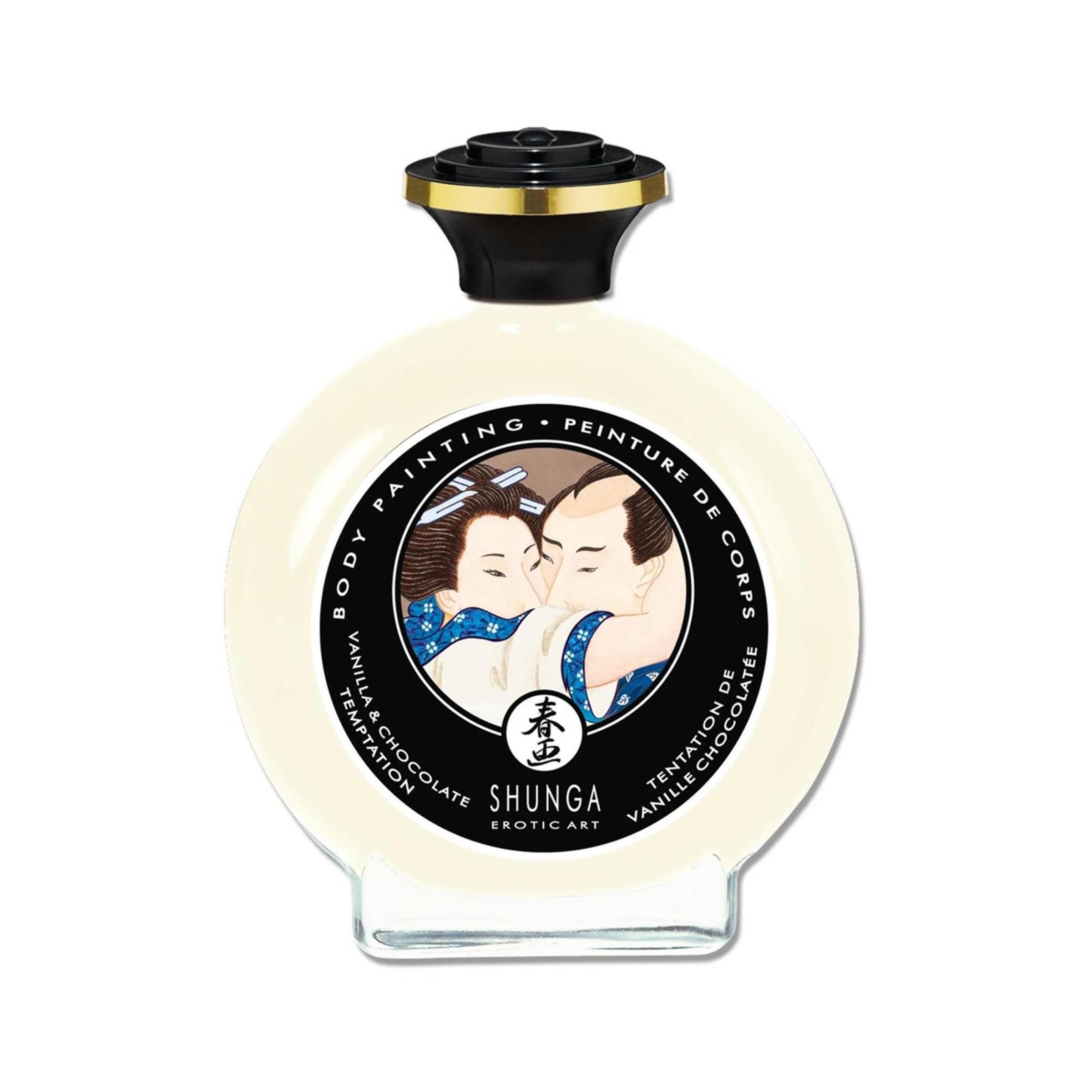 Runde Flasche mit schwarzem Deckel, Etikett mit Paar-Illustration. Text: Body Painting, Vanille & Schokolade.