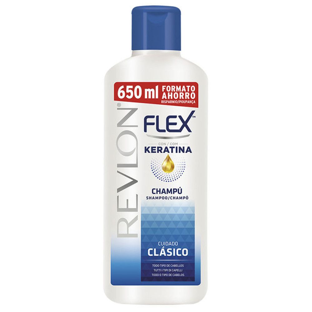 Flasche Revlon Flex Shampoo, weiß mit blauem Deckel. Text: Flex, Keratina, Champú, Cuidado Clásico, 650 ml.