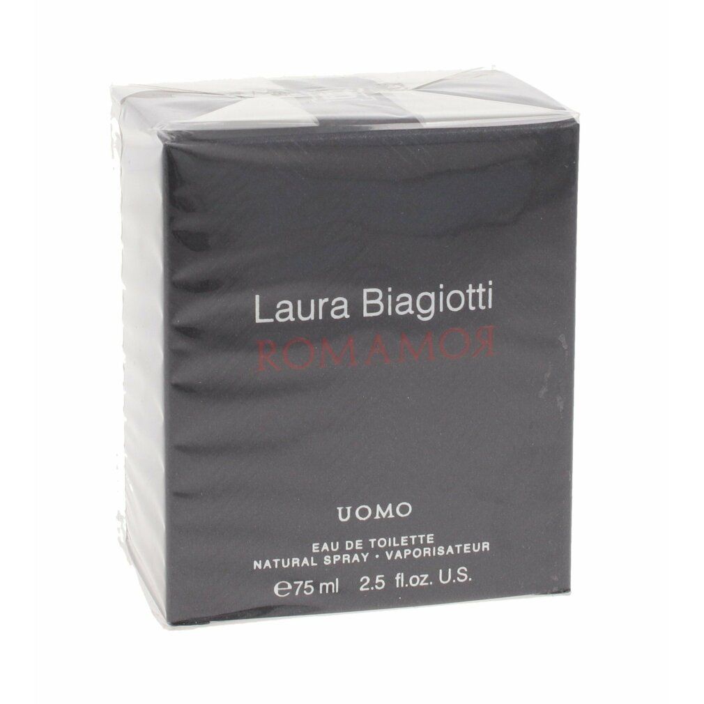 Versiegelte schwarze Verpackung mit weißer Schrift. Aufschrift: Laura Biagiotti ROMAMOR UOMO Eau de Toilette.
