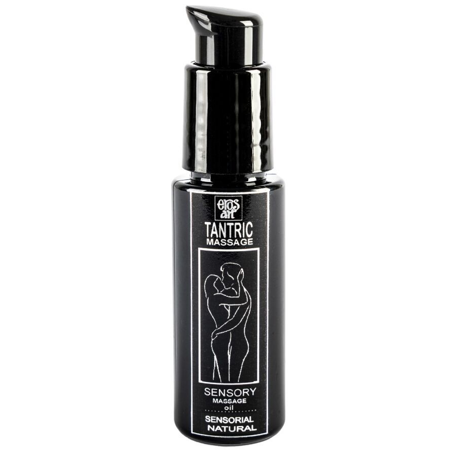 Schwarze Flasche mit Pumpe. Aufschrift: Tantric Massage, Sensory Massage Oil, Sensorial Natural.