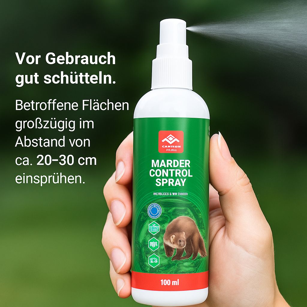 Hand hält Sprühflasche. Text: Marder Control Spray. Sprühnebel. Anweisungen: Vor Gebrauch gut schütteln. 100 ml.