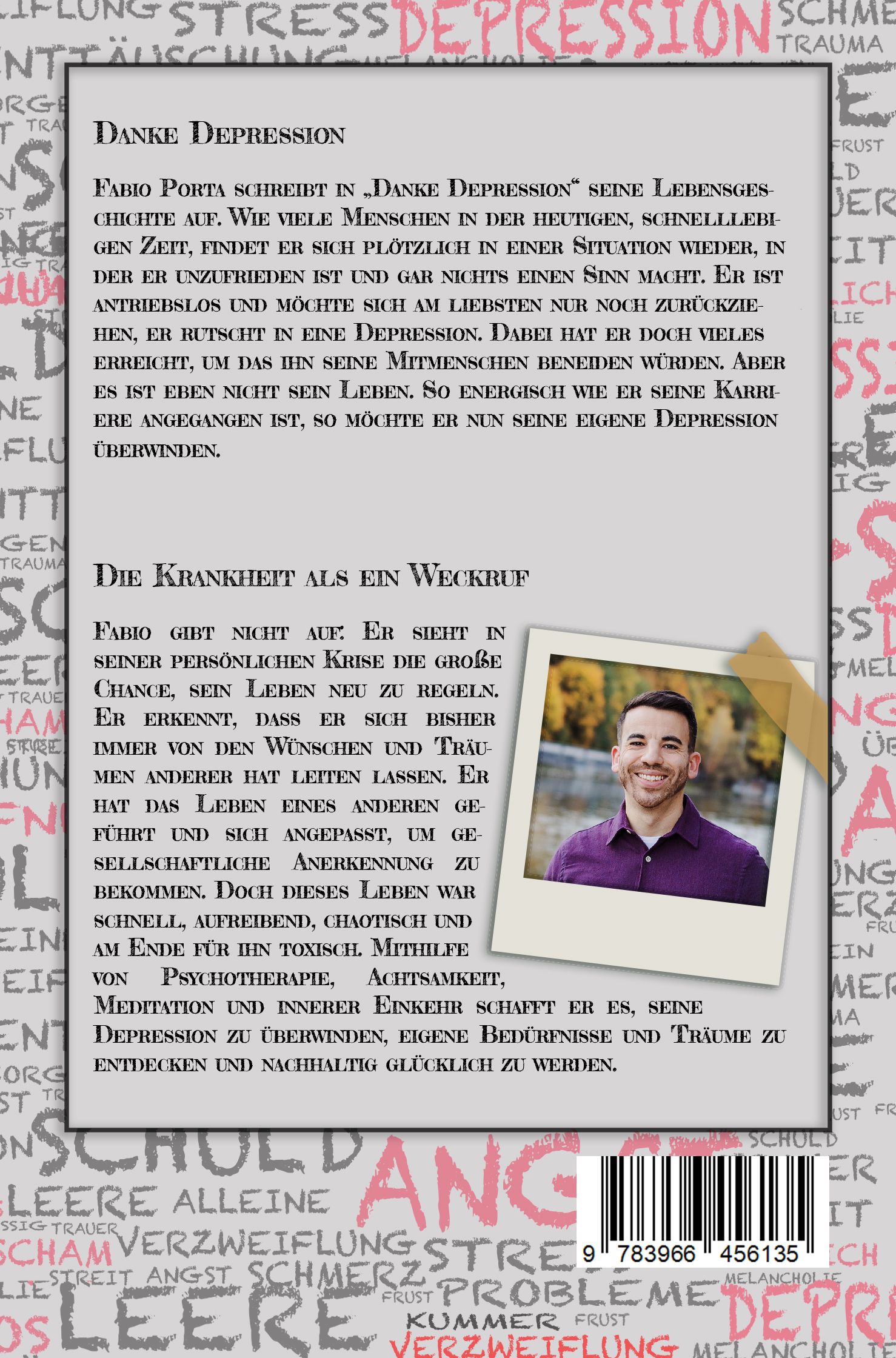 Buchrücken. Text: DANKE DEPRESSION. Foto von Fabio Porta. ISBN-Code.