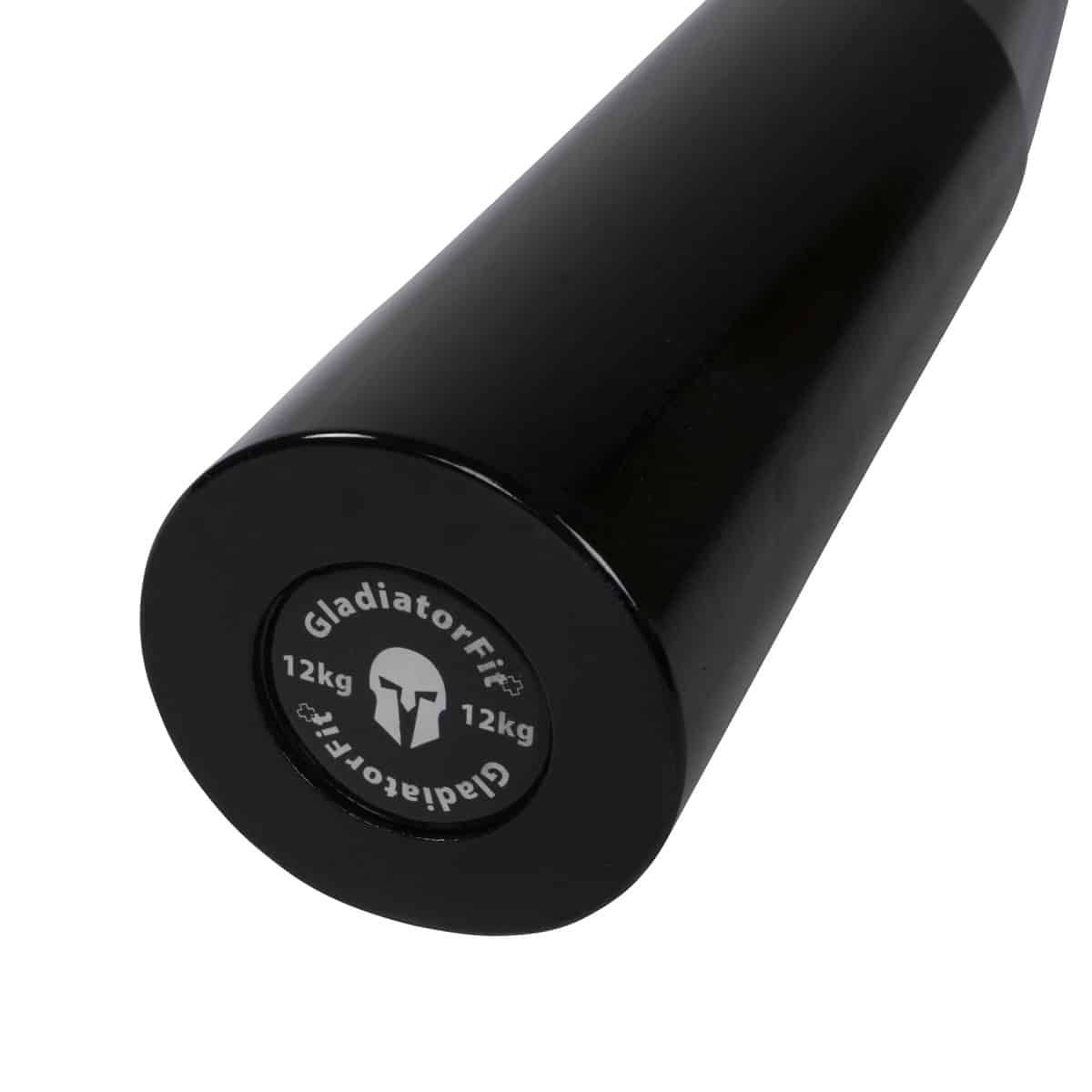 Schwarze Metall-Keule mit Logo und Gewichtsangabe 12kg. Runde Basis.