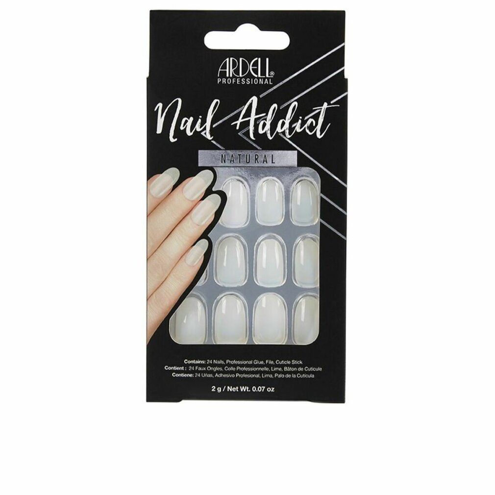 Ardell Nail Addict Natural Oval False Nails. Schwarze Verpackung mit Produktabbildung. 24 künstliche Nägel, Kleber, Nagelfeile.