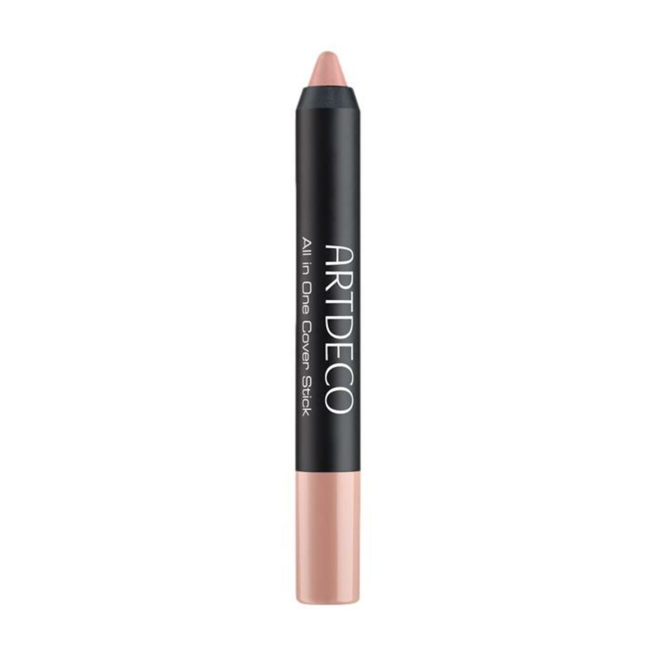 Abdeckstift. Schwarz-beiger Stift mit Produktnamen und Markennamen. Der Stift hat eine runde Form.