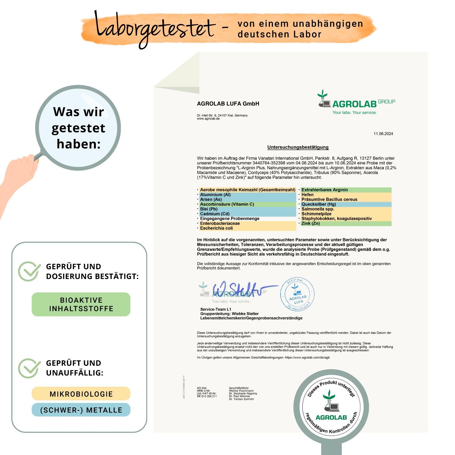 Zertifikat von Agrolab. Geprüft und dosiert bestätigt. Bioaktive Inhaltsstoffe. Geprüft und unauffällig: Mikrobiologie, Schwermetalle.