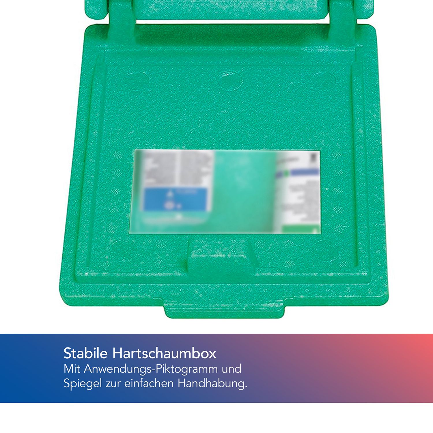 Grüne Hartschalenbox mit Spiegel und Piktogramm. Der Deckel ist geöffnet.