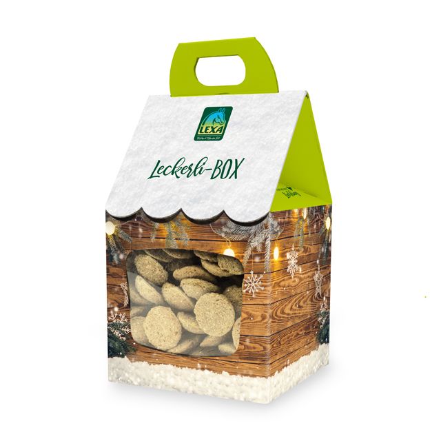 Kartonbox mit Griff, Fenster und Keksen. Aufschrift "LEXA Leckerli-BOX". Holzoptik mit Schneeflocken und Lichterkette.
