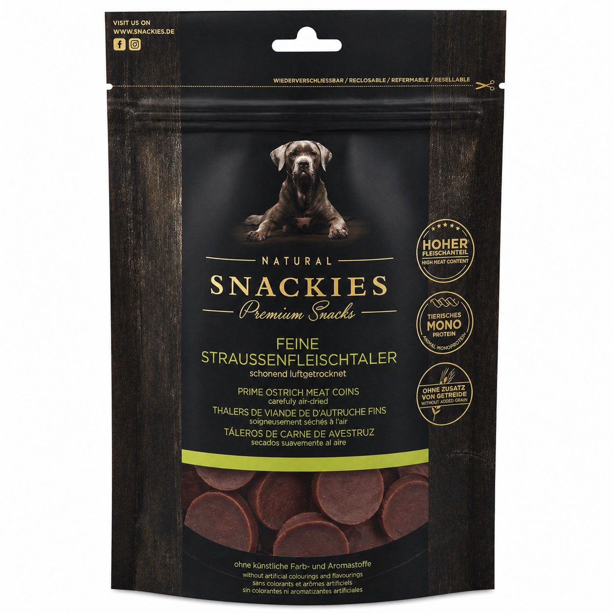 Snackies Feine Straussenfleischtaler - Single-Protein Snack für Hunde 150 g Futter