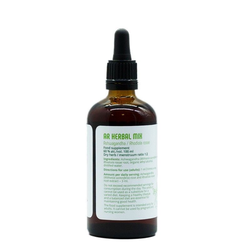 Flacone di vetro marrone con contagocce. Etichetta con testo: AR Herbal Mix, 100 ml, Food Supplement. Retro con informazioni e istruzioni.