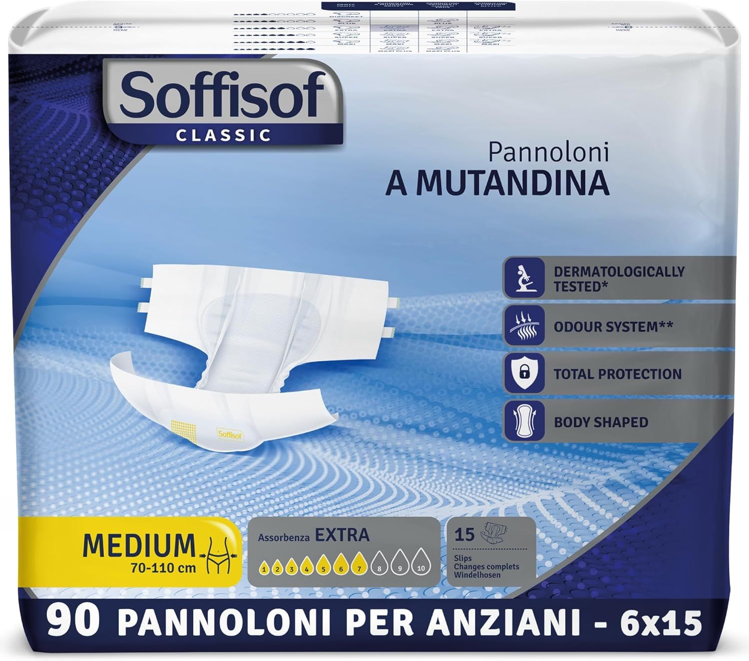 Soffisof Classic Windeln für Erwachsene Extra. Weiße Windel, Medium, 70-110 cm. 90 Stück. Dermatologisch getestet.