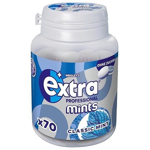 Ein einzelner Behälter EXTRA PROFESSIONAL Classic Mint, gefüllt mit 70 Minzpastillen.