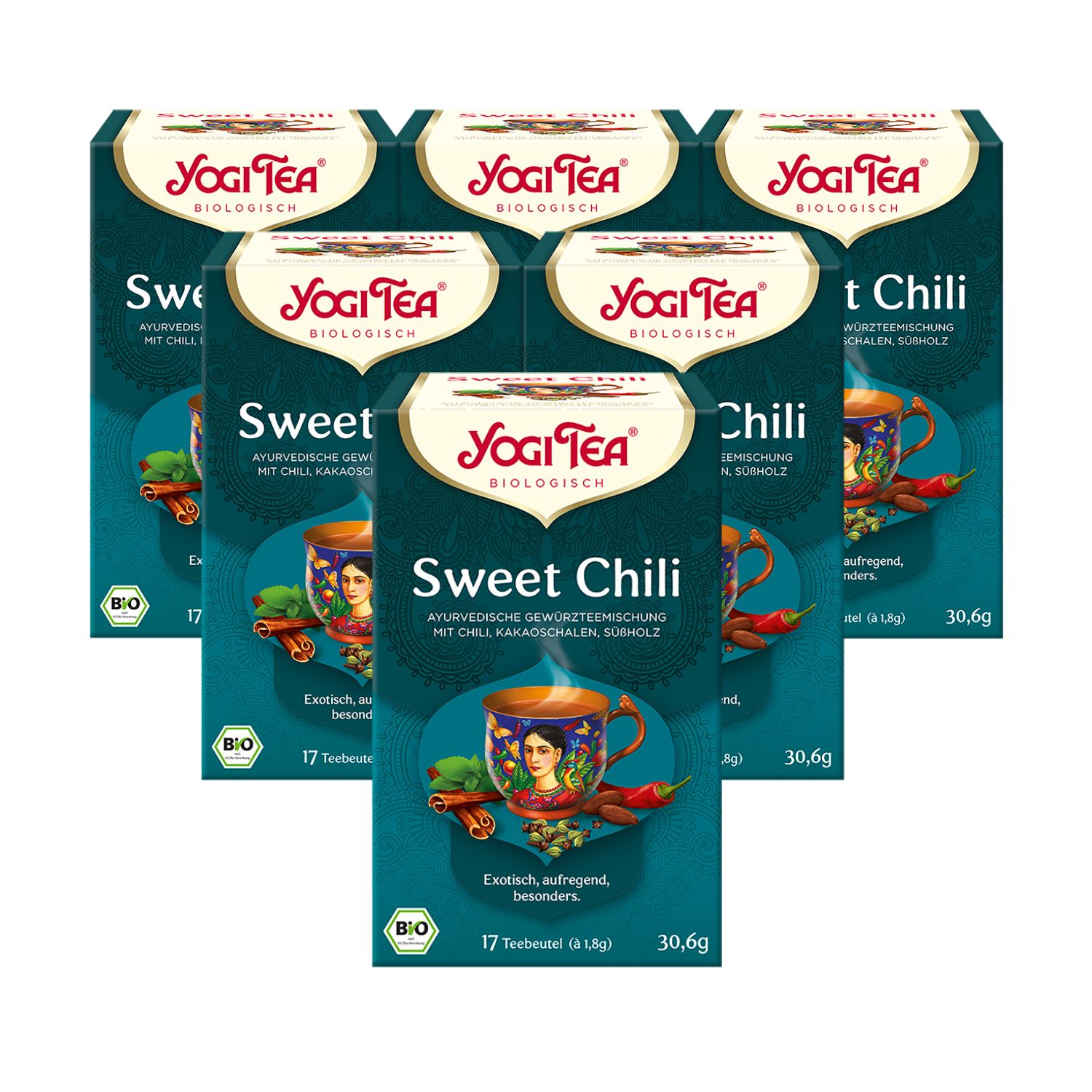 Mehrere Packungen Yogi Tea Sweet Chili Bio Gewürztee. Aufdrucke: Yogi Tea, Sweet Chili, 17 Teebeutel, Bio-Siegel.