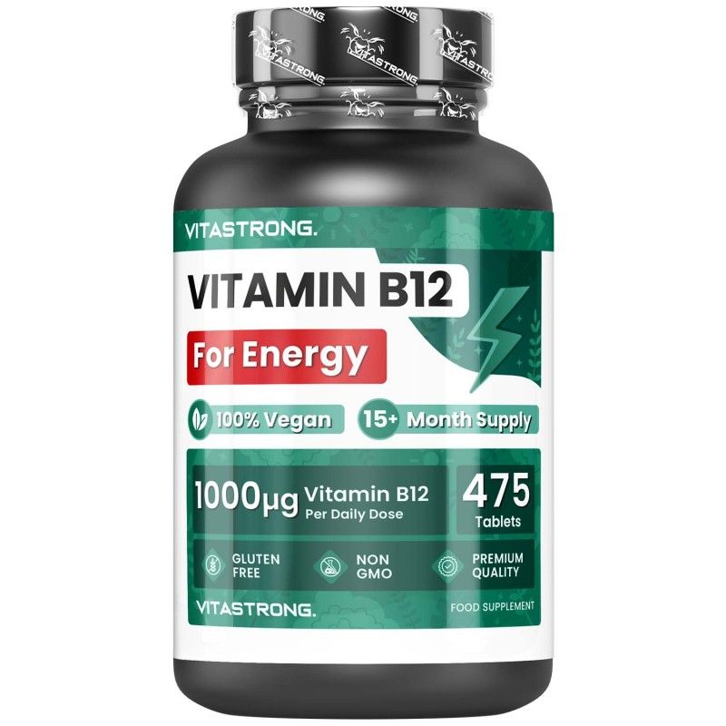 Vitamin B12 Flasche. Enthält 475 Tabletten, 1000 mcg pro Tablette. Vegan, glutenfrei, ohne Gentechnik. Schwarze Flasche.