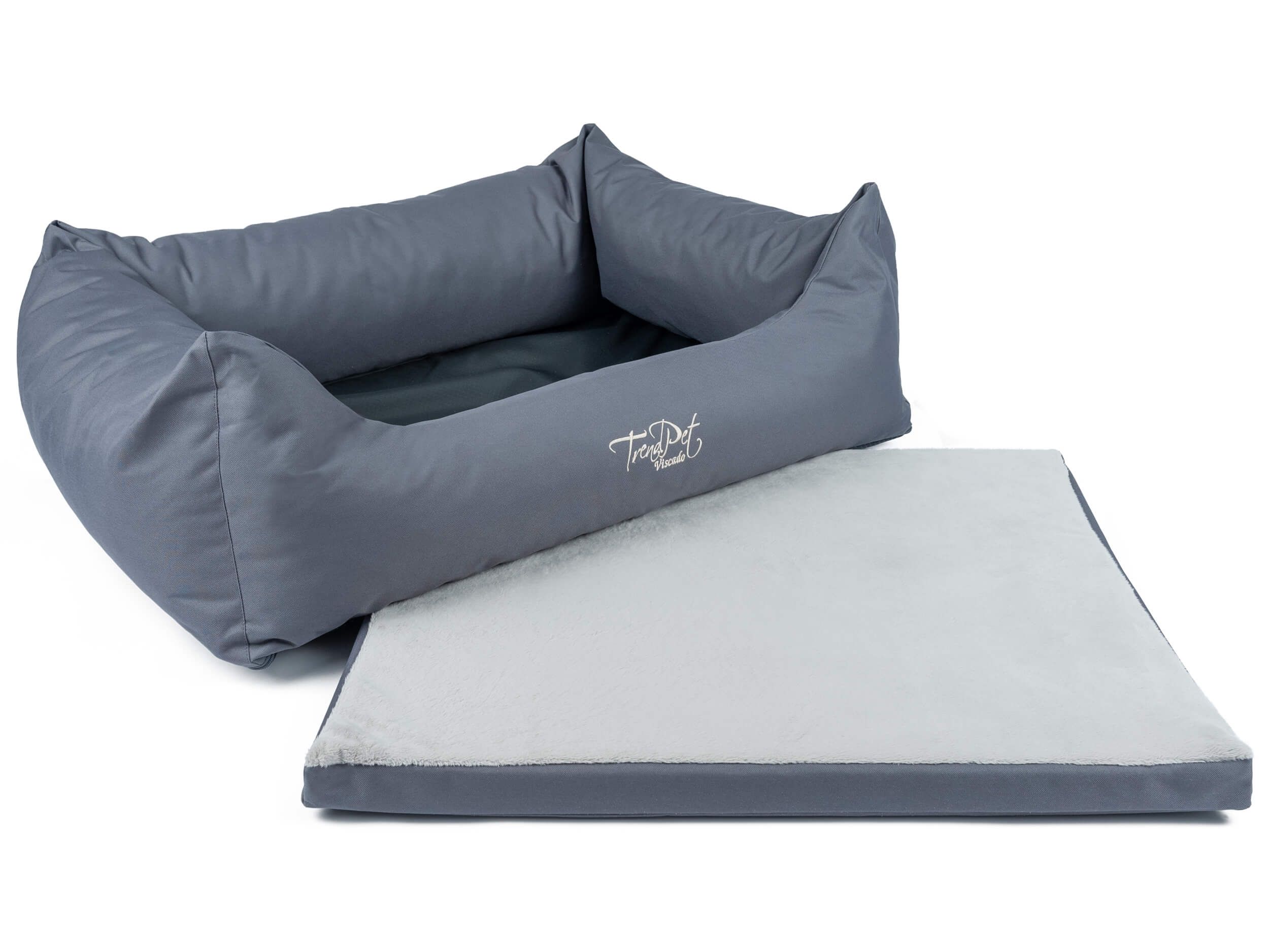 Graues Hundebett mit herausnehmbarer Liegefläche. TrendPet Viscado Logo. Rechteckige Form mit erhöhten Seiten.