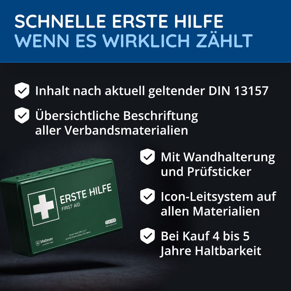 Erste-Hilfe-Kasten mit Inhalt, Wandhalterung und Prüfaufkleber. Inhalt nach DIN 13157.