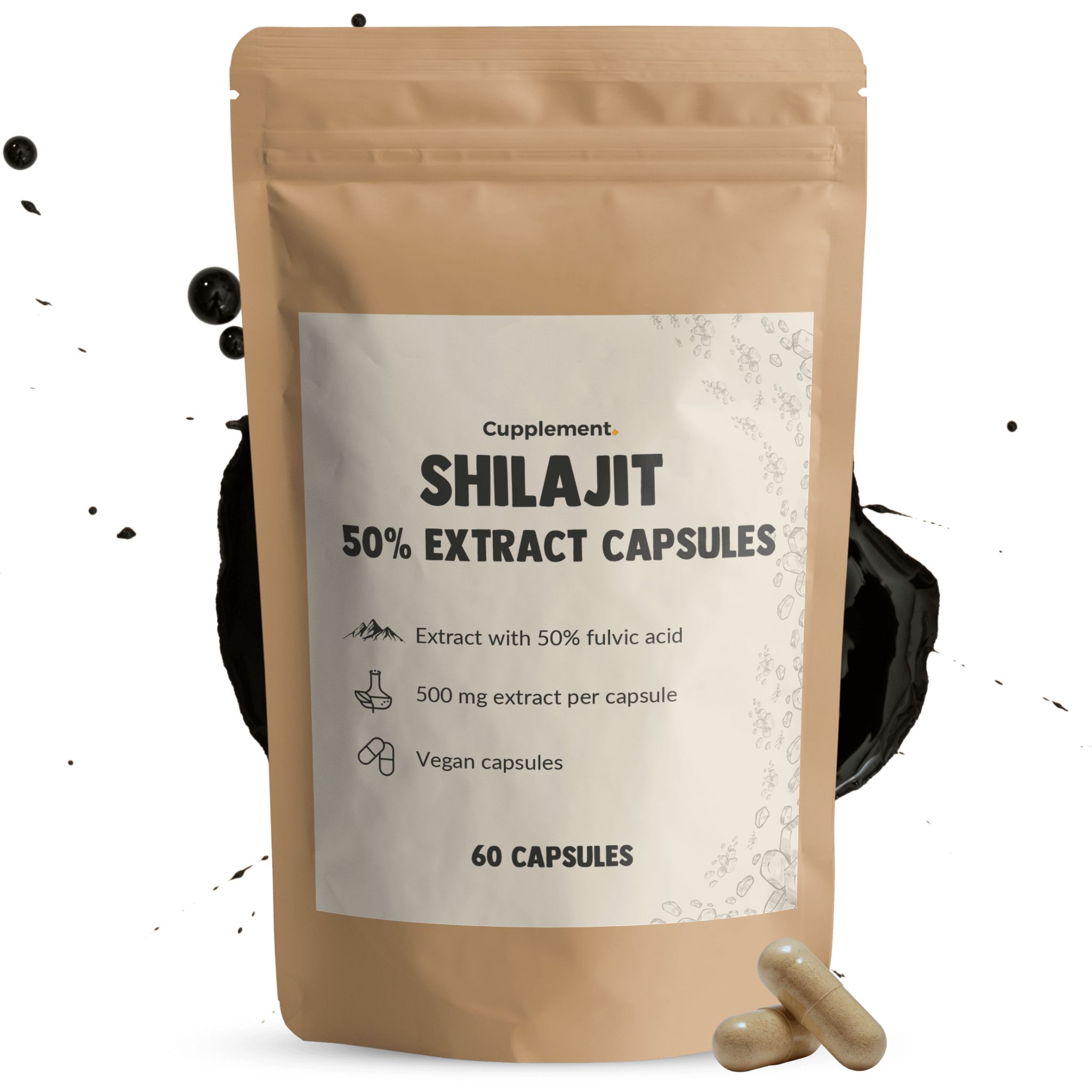 Beige Kapseln neben einer braunen Tüte mit Produktinformationen. Aufschrift: Shilajit 50% Extrakt Capsules, 60 Kapseln.