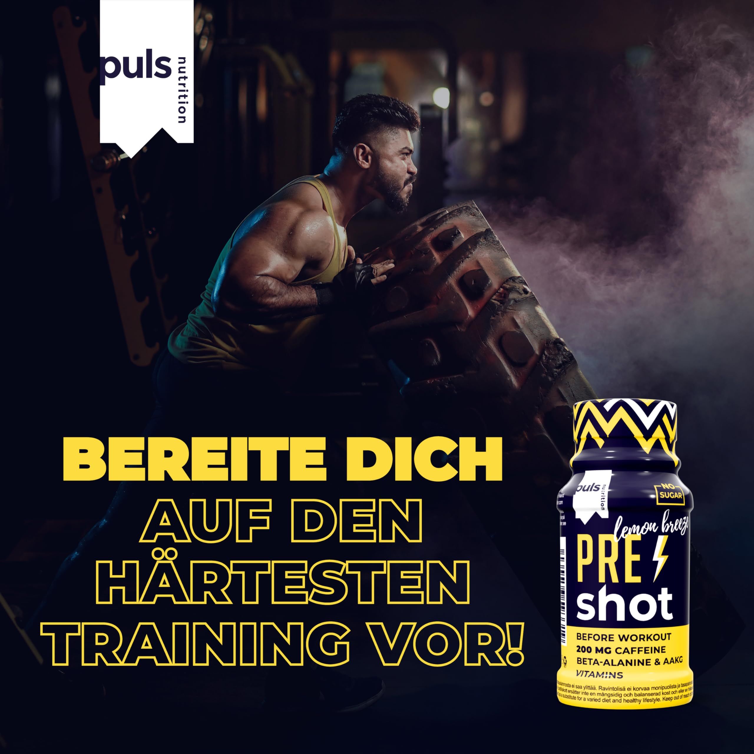 Mann hebt schweres Gewicht, daneben Flasche Pre-Workout-Shot mit Zitronengeschmack.