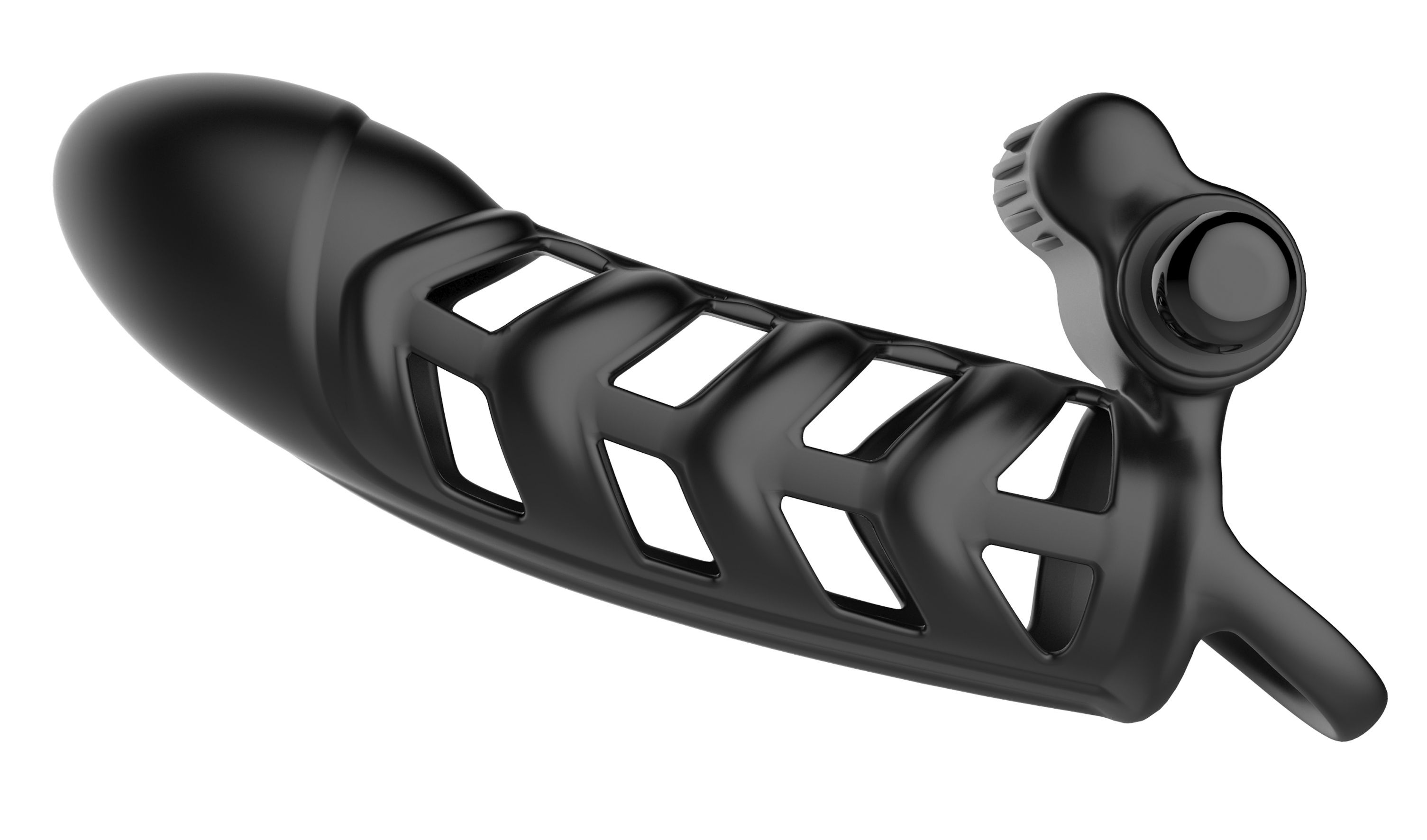 Schwarze, längliche Hülle mit offenem Design und einem Bedienungselement. Geformt für den Intimbereich.