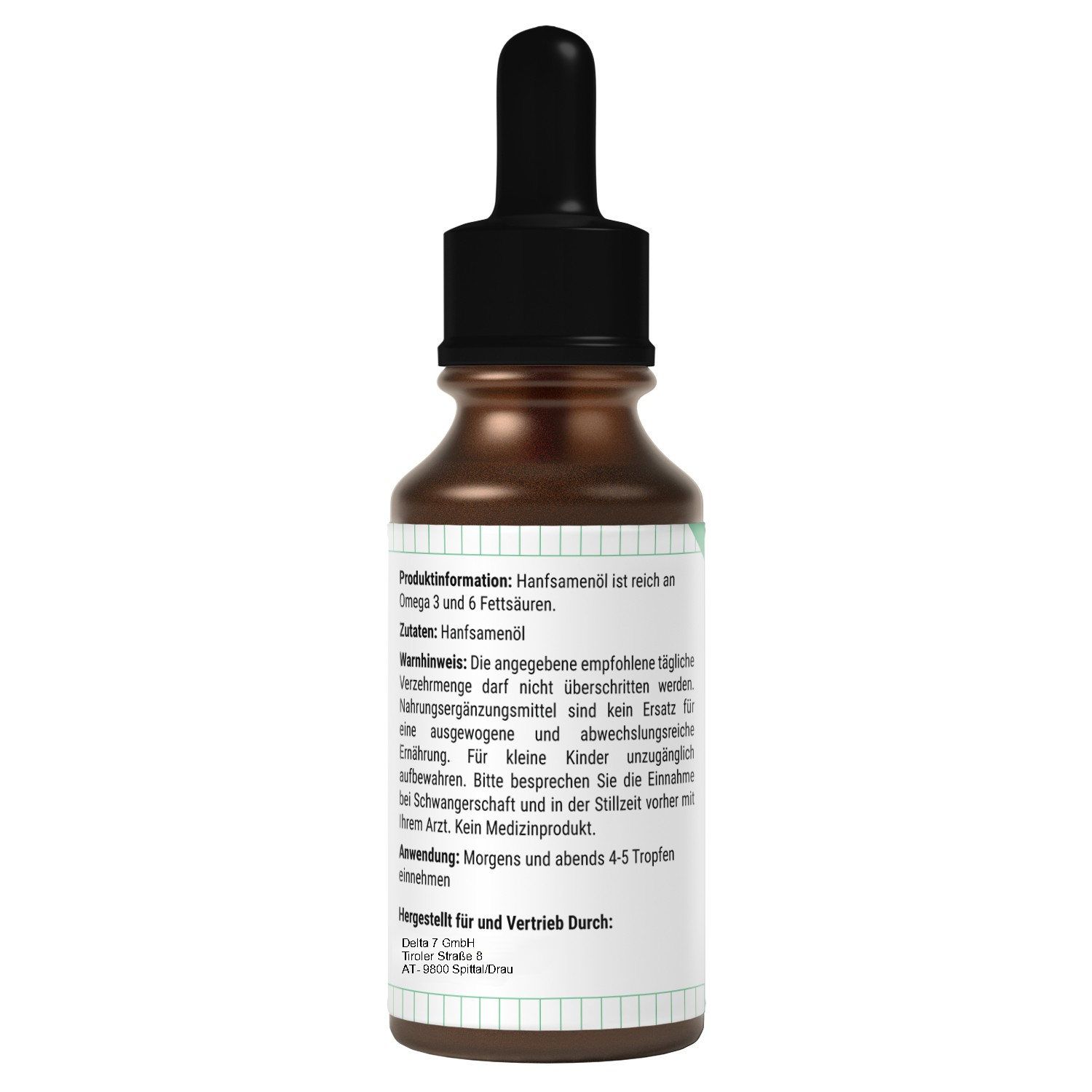 Rückseite einer braunen Glasflasche mit schwarzem Deckel und Pipette. Text mit Produktinformationen und Anwendungshinweisen.