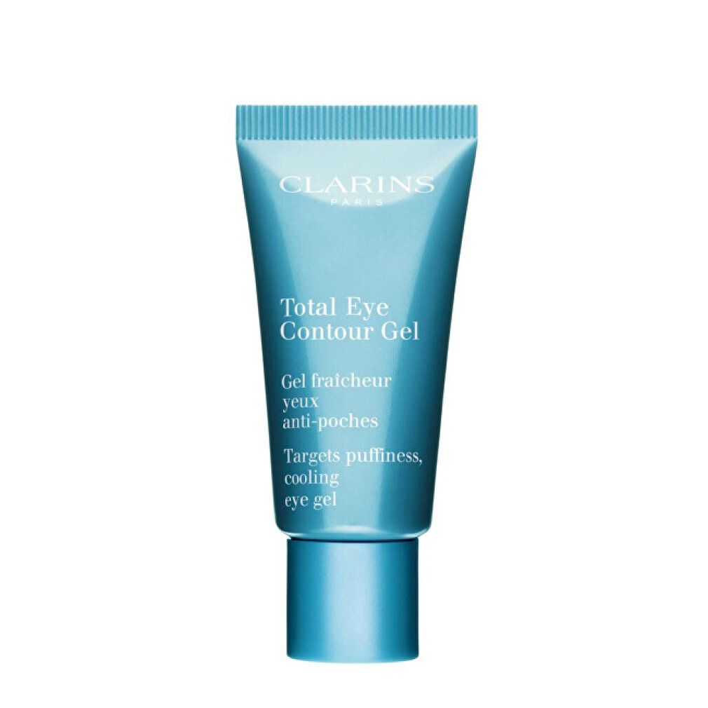 Blau-türkisfarbene Tube Clarins Total Eye Contour Gel. Text: Gel fraîcheur yeux anti-poches, Targets puffiness, cooling eye gel.