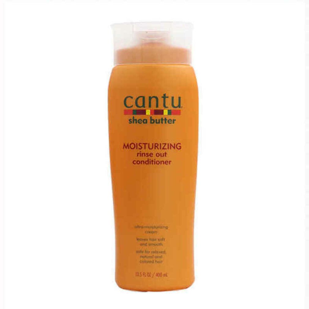 Orangefarbene Flasche mit Cantu Shea Butter Moisturizing Rinse Out Conditioner-Etikett. Enthält 13,5 fl oz / 400 ml.