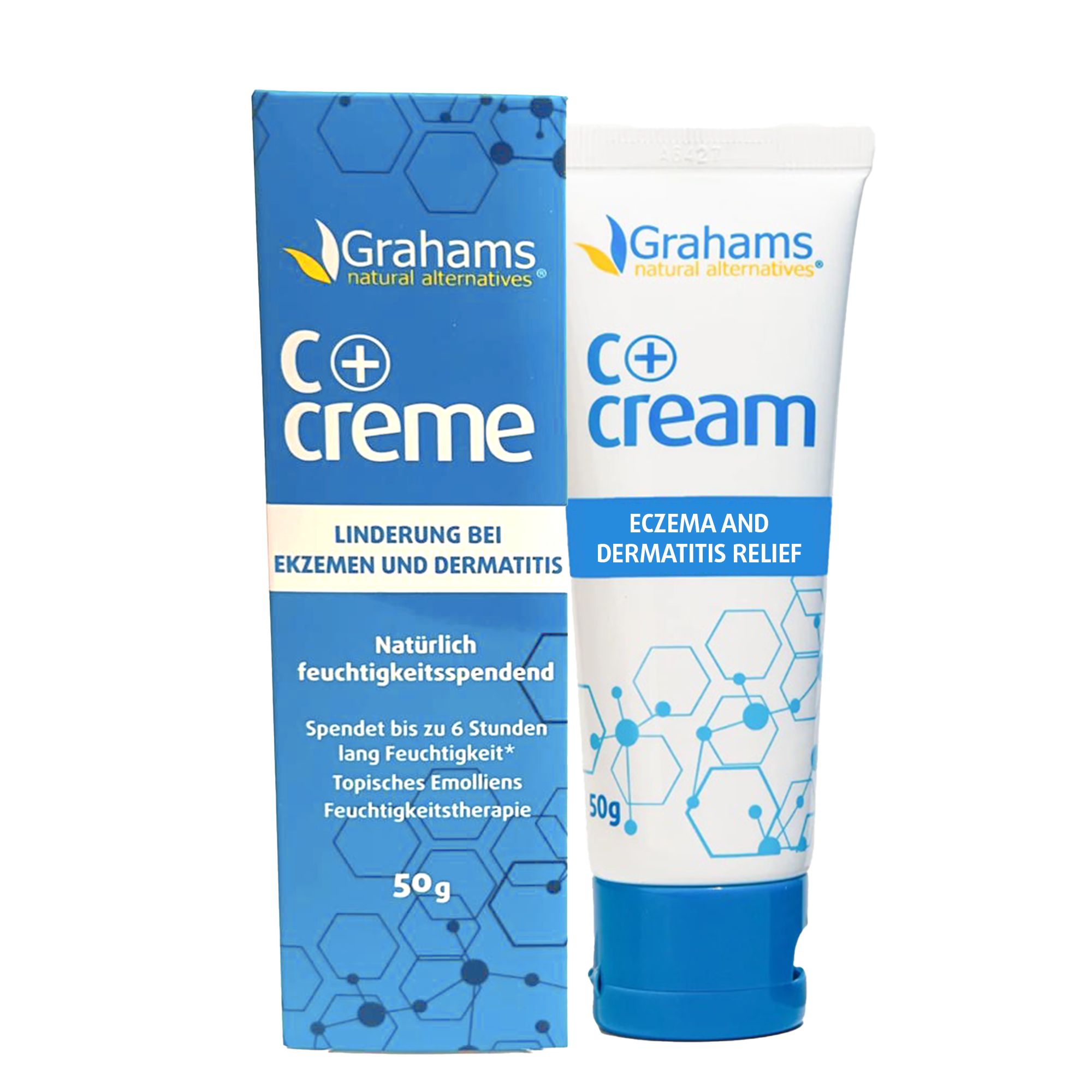 Creme-Tube und Schachtel. Aufschrift: Grahams C+ Creme, Ekzem- und Dermatitis-Linderung. 50g. Blaue und weiße Verpackung.