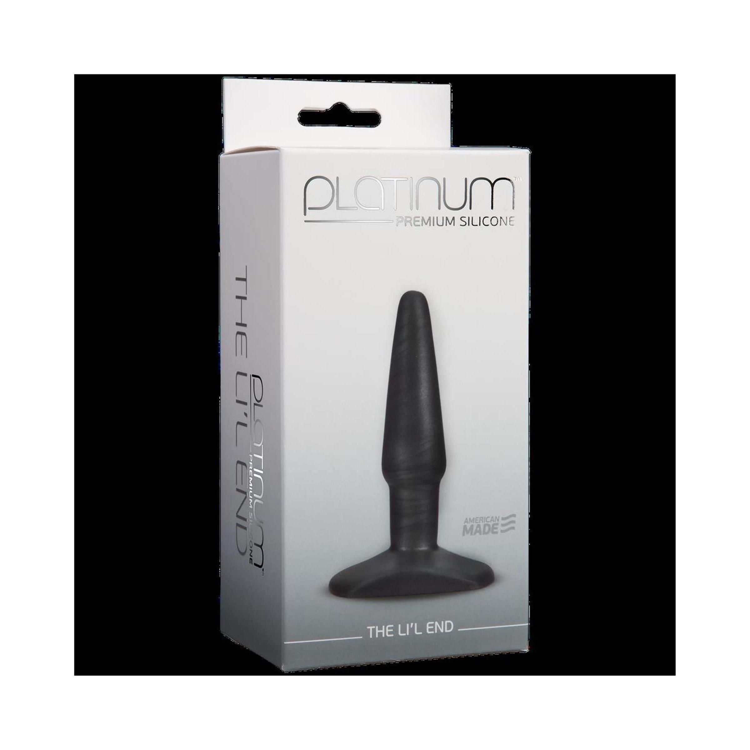 Schwarzer Butt Plug in Verpackung. Aufschrift: Platinum, The Li'L End. Premium Silicone. Made.