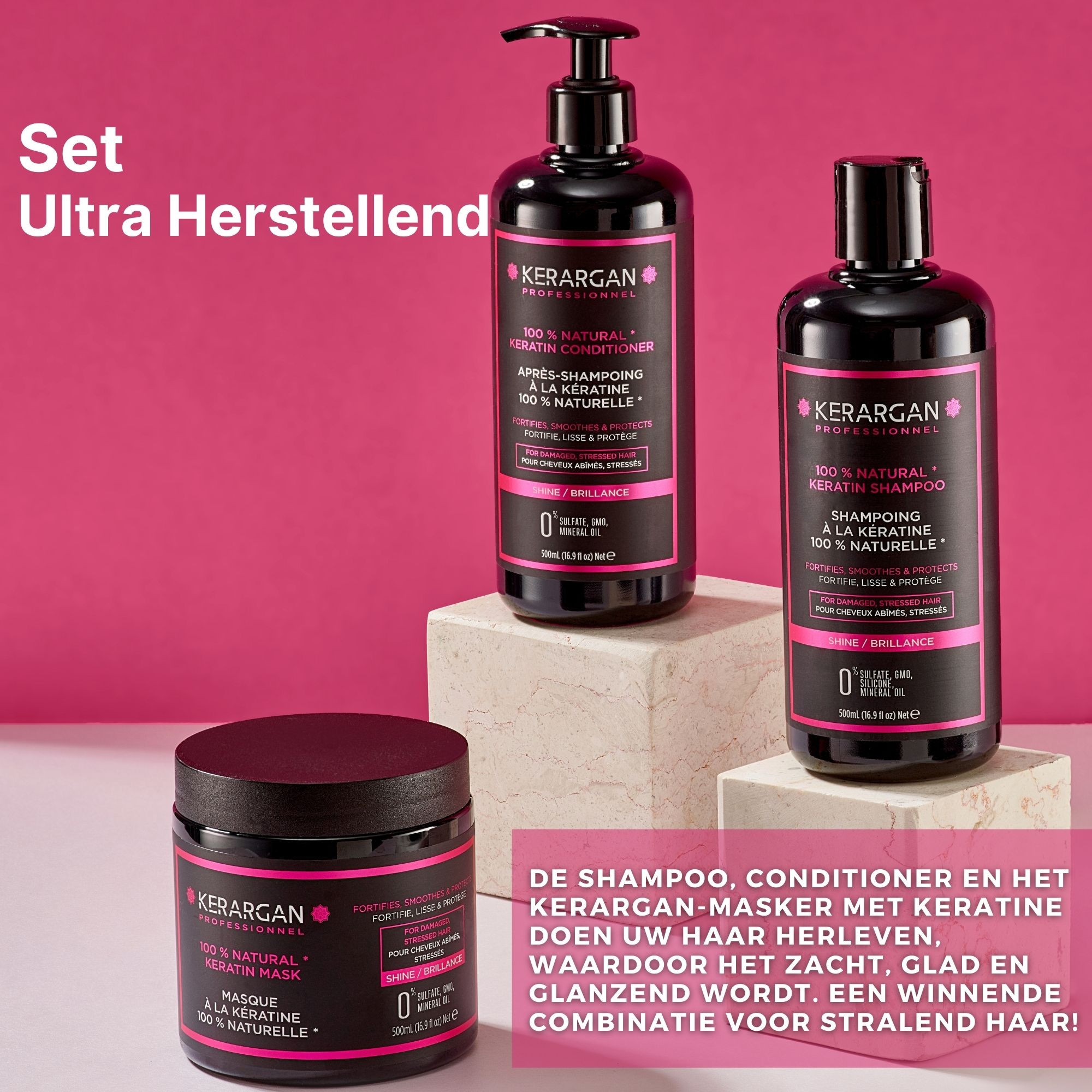 Drie zwarte flessen en een pot. Kerargan set. Shampoo, conditioner, masker. Tekst: Ultra Herstellend.
