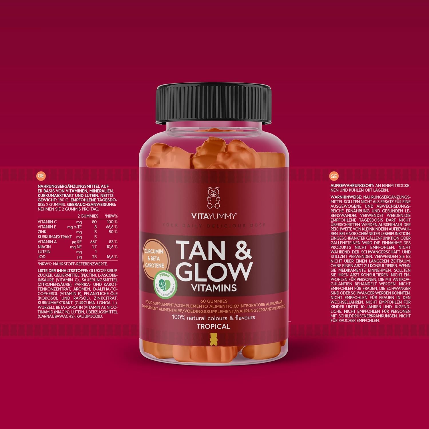 Flasche Tan & Glow Vitamins mit Nährwertangaben. Aufschrift: 60 Gummies, 100% natürliche Farben & Aromen. Vegan-Siegel.