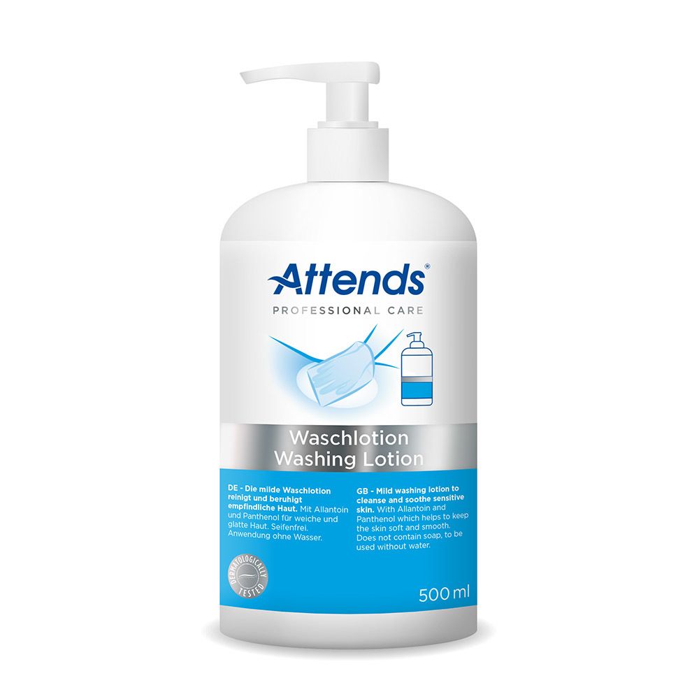 Weiße Flasche mit Pumpe. Aufschrift: Attends Professional Care, Waschlotion. Blaue und silberne Details. 500 ml.