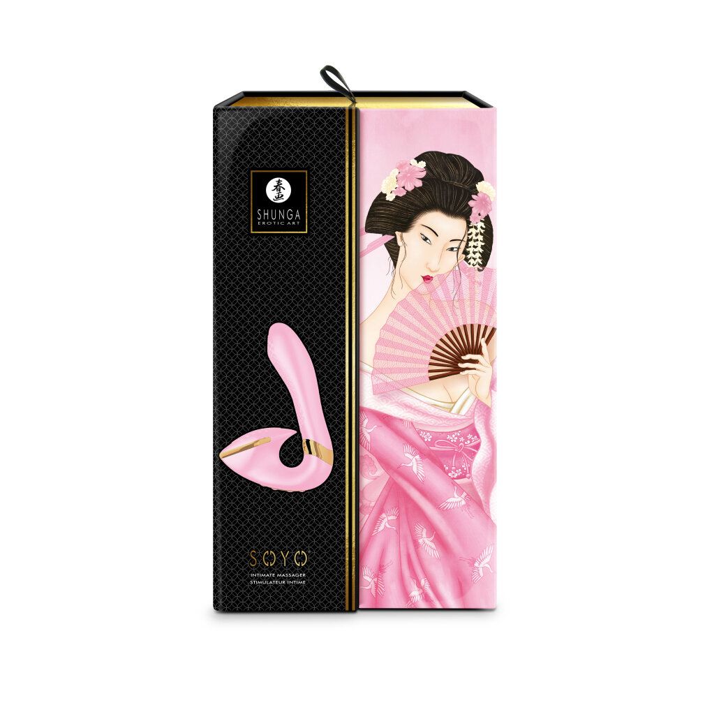 Schwarze Box mit japanischem Design und rosa Vibrator. Goldfarbene Akzente.