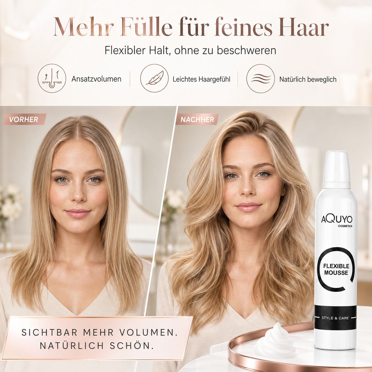 Vorher-Nachher-Vergleich von feinem Haar, das mit Mousse voluminöser gemacht wurde. Dose daneben.