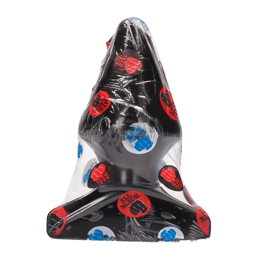 Schwarzer, spitzer Dildo mit breiter Basis, verpackt in Folie mit roten und blauen Kreisen.