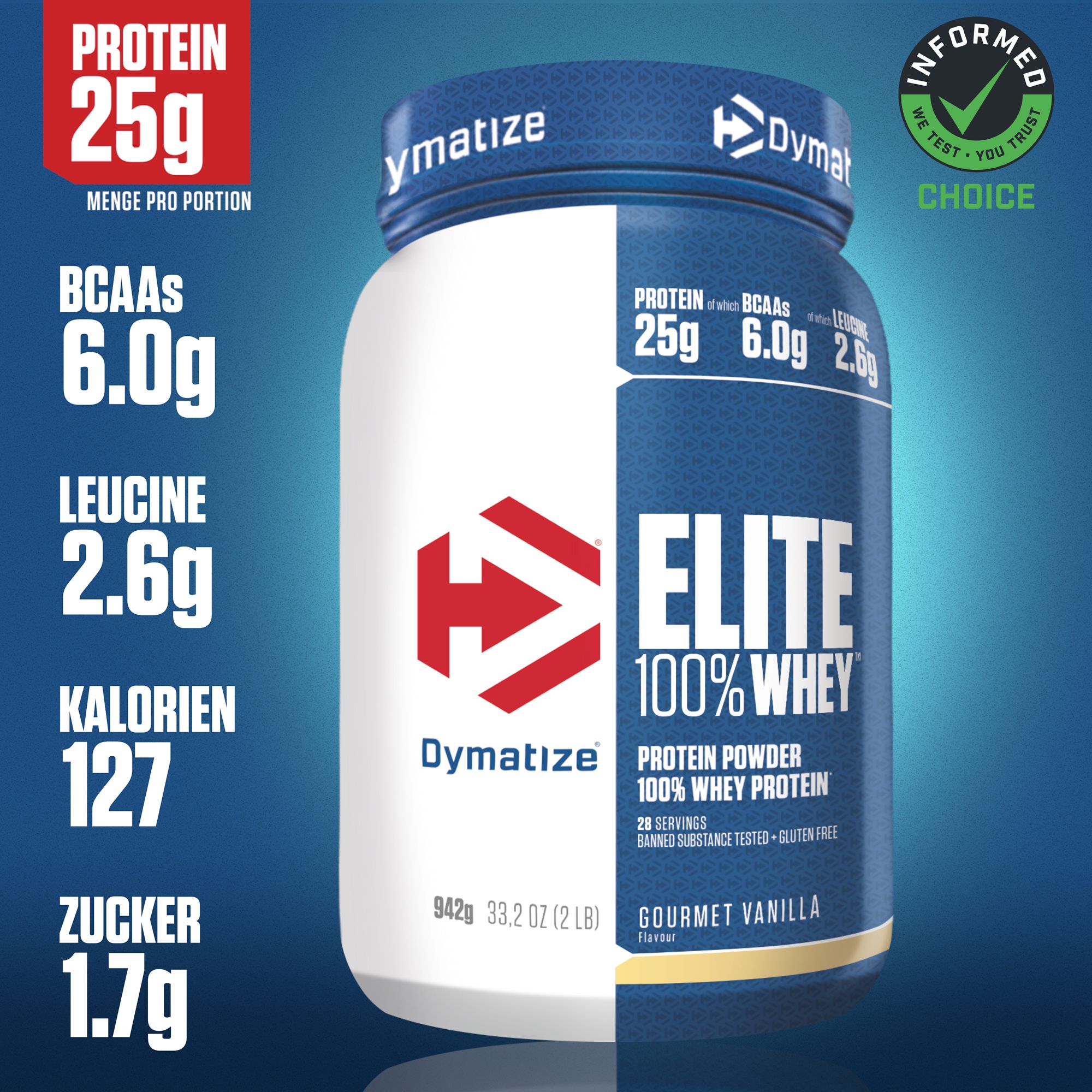 Dymatize Elite 100% Whey, 942g Dose. Enthält 25g Protein pro Portion, 6.0g BCAAs, 2.6g Leucin, 127 Kalorien, 1.7g Zucker. Gourmet Vanilla.