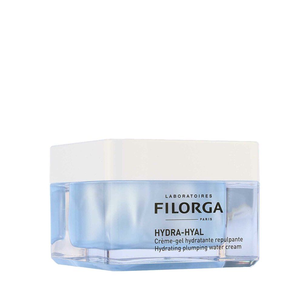 Filorga Hydra-Hyal Creme-Gel in einem transparenten Tiegel. Blauer Inhalt. Weißer Deckel.