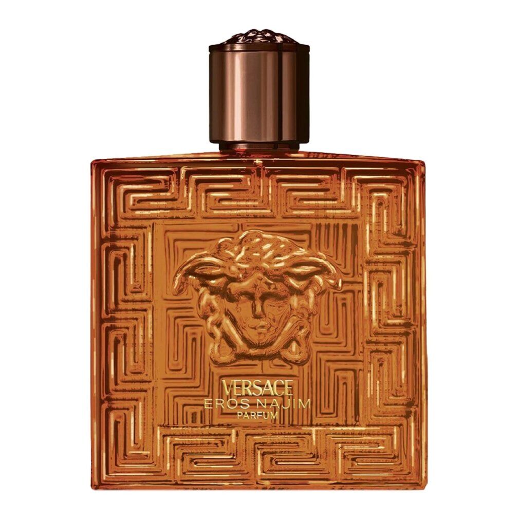 Versace Eros Najim Parfum Flakon mit Medusa-Kopf und geometrischem Muster.