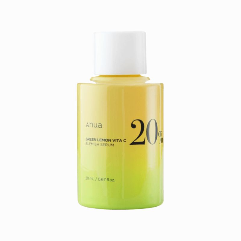 Gelb-grüne Flasche mit weißem Deckel. Aufschrift: Anua, Green Lemon Vita C Blemish Serum, 20%.