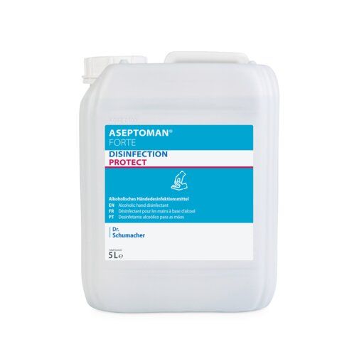 Kanister mit Etikett 'Aseptoman forte'. Blauer Streifen mit Text und Logo. 5L-Angabe.