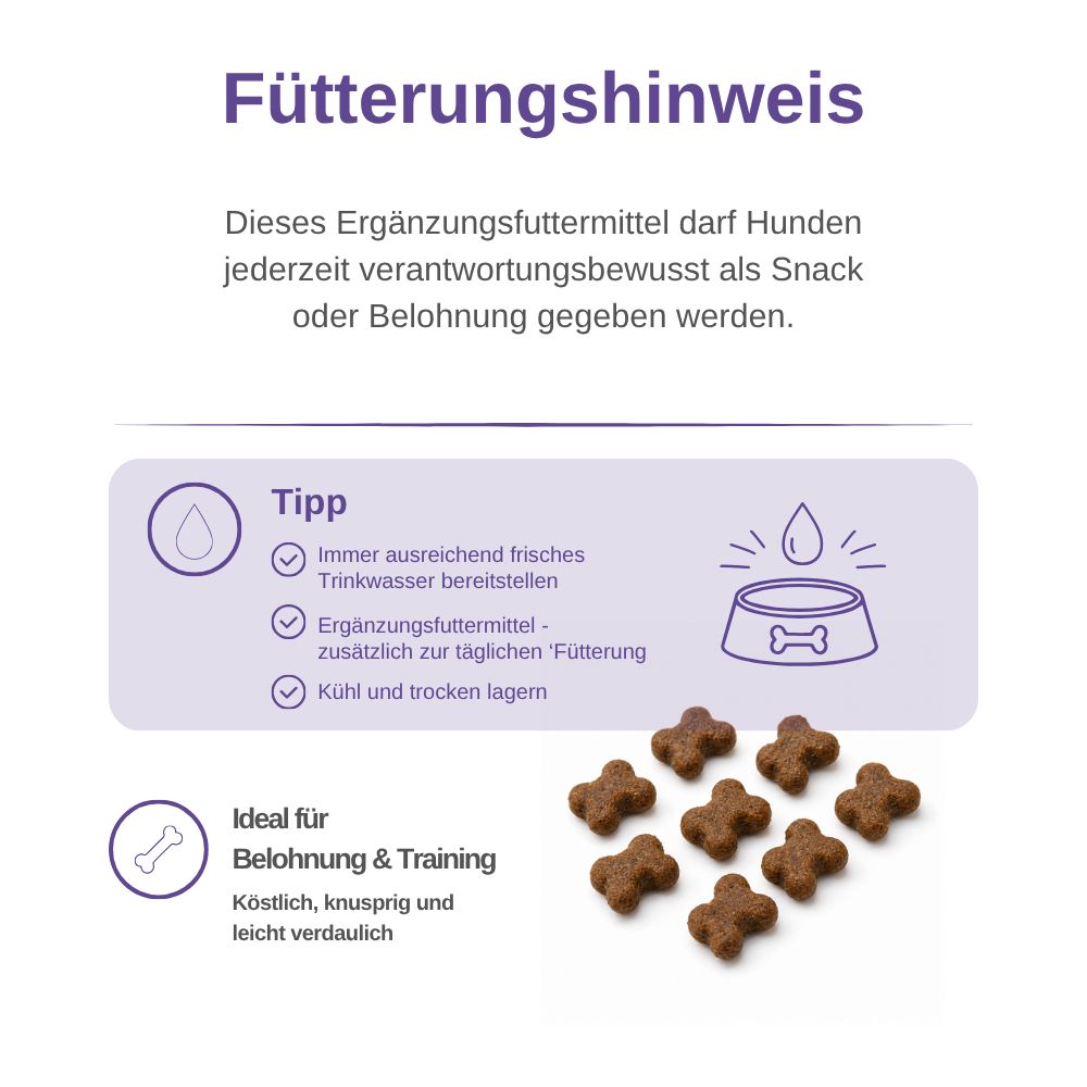 Fütterungshinweis für Immune Support Hundesnacks mit Tipps und Hundesnacks.
