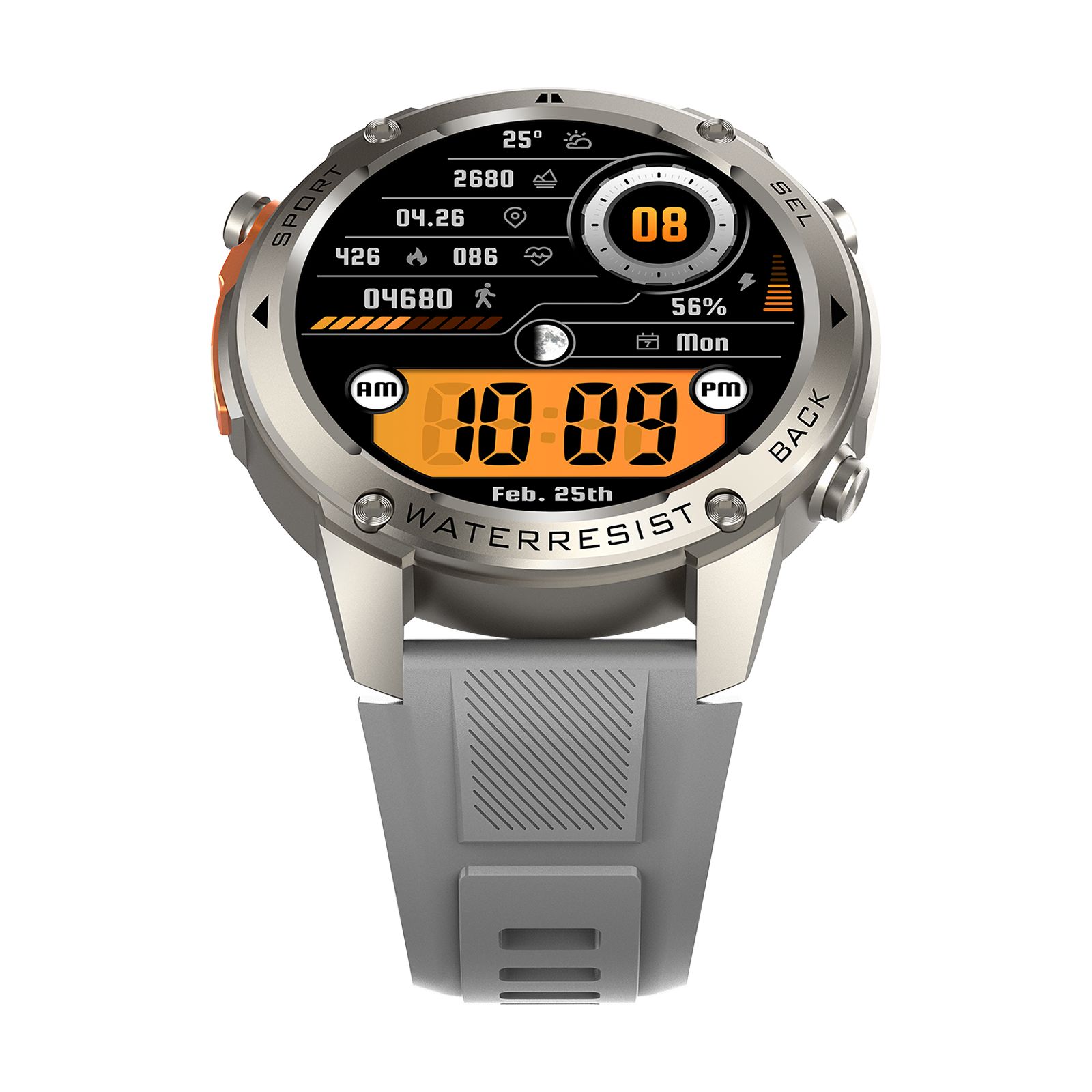 Smartwatch mit grauem Armband und orangefarbenen Akzenten. Rundes Zifferblatt mit Gesundheitsdaten. Wasserdicht.