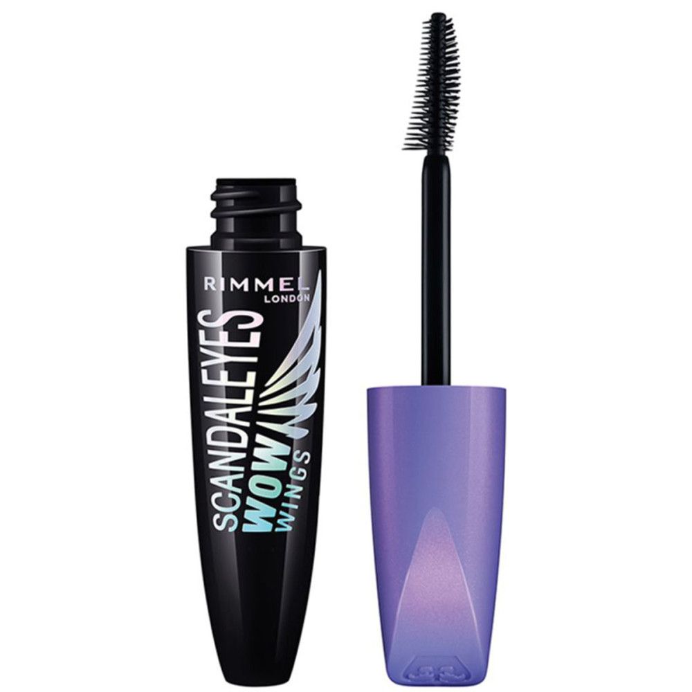 Schwarze Mascara-Tube mit lila Deckel und Bürste. Text: Rimmel London Scandaleyes Wow Wings.