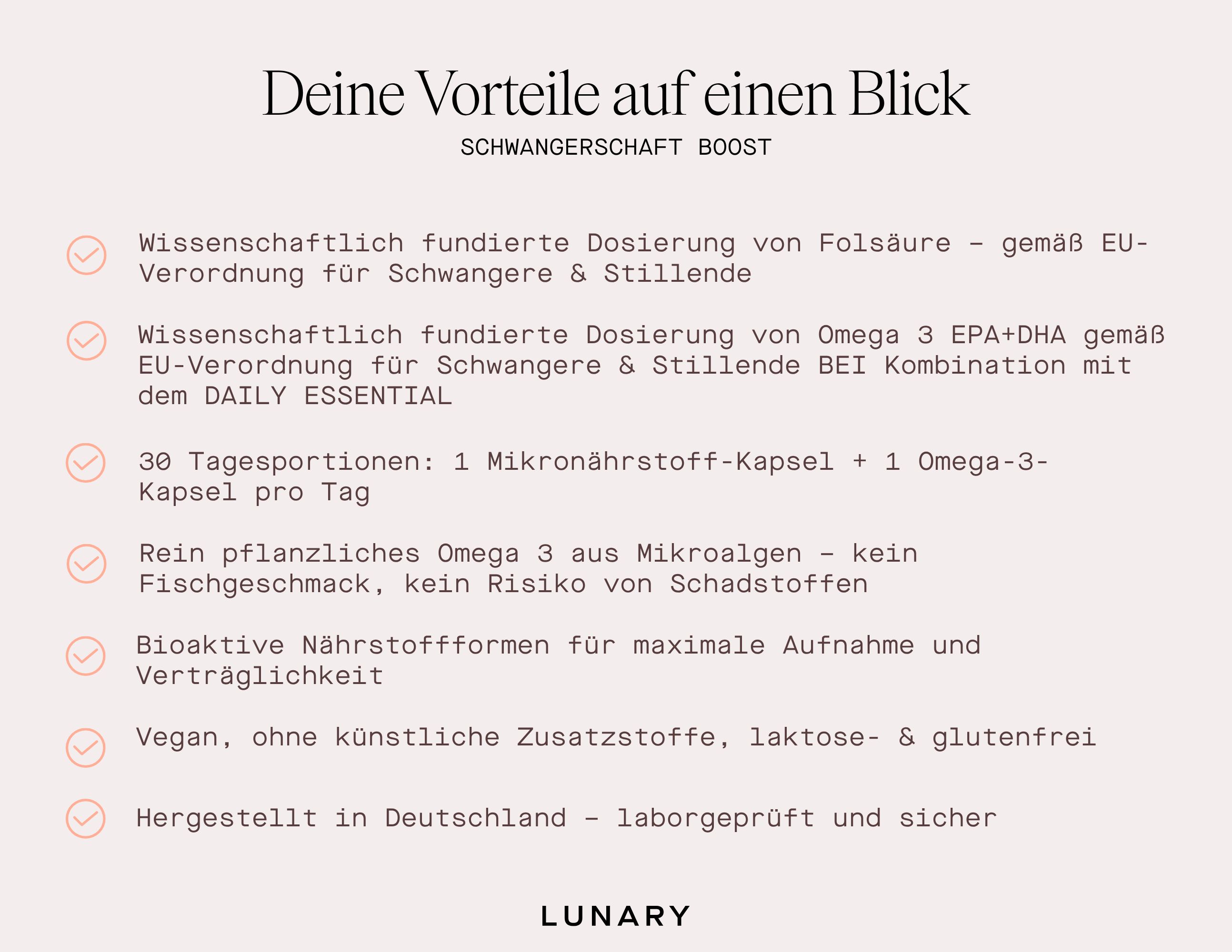 Text: Deine Vorteile auf einen Blick. Schwangerschaft Boost. Vorteile aufgelistet.