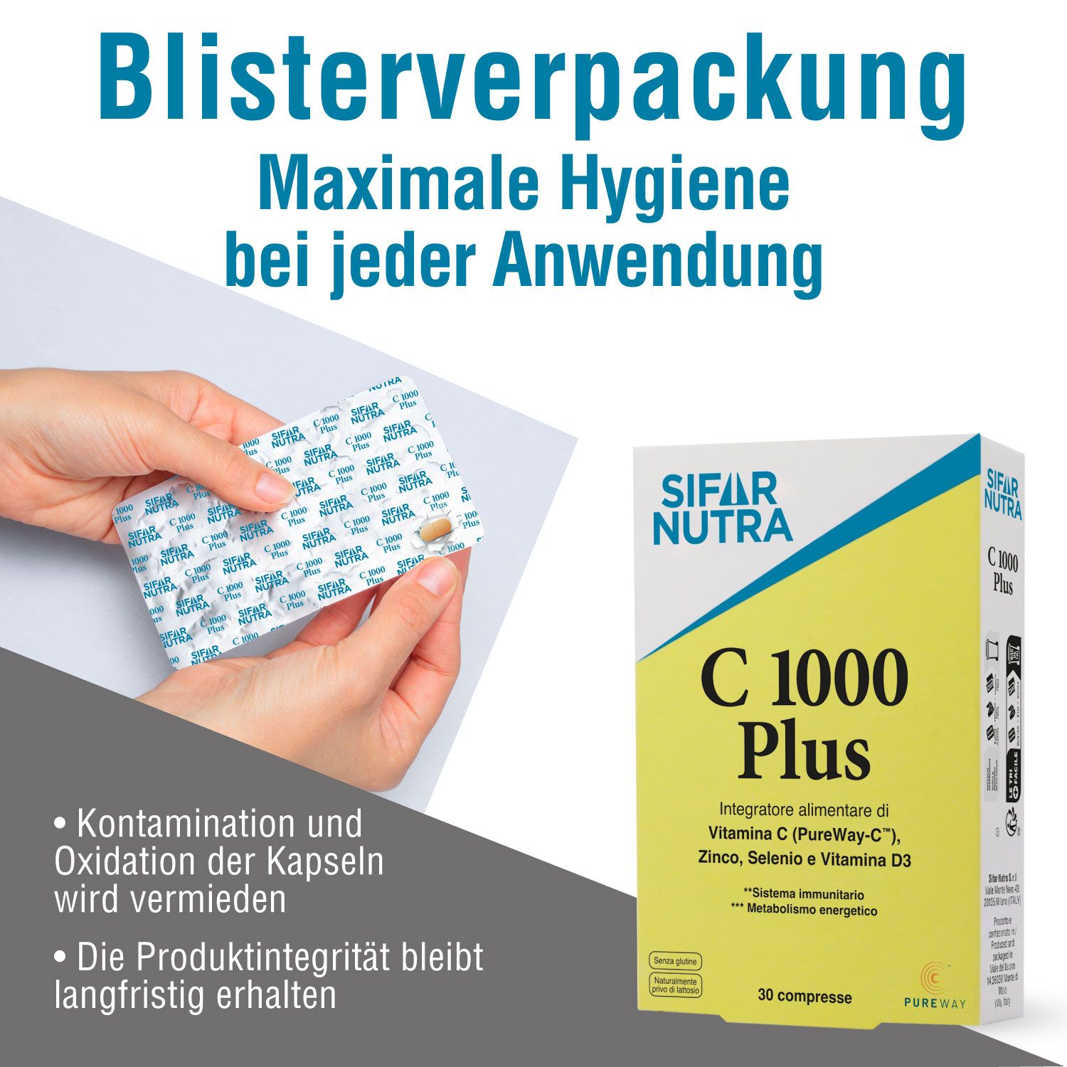 Hände halten Blisterpackung mit Tabletten. Gelbe Schachtel "Sifar Nutra C 1000 Plus". Text: 30 Tabletten. Maximale Hygiene.