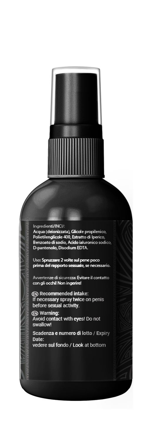 Schwarze Flasche mit Text. Zutatenliste, Gebrauchsanweisung und Warnhinweise in italienischer und englischer Sprache.