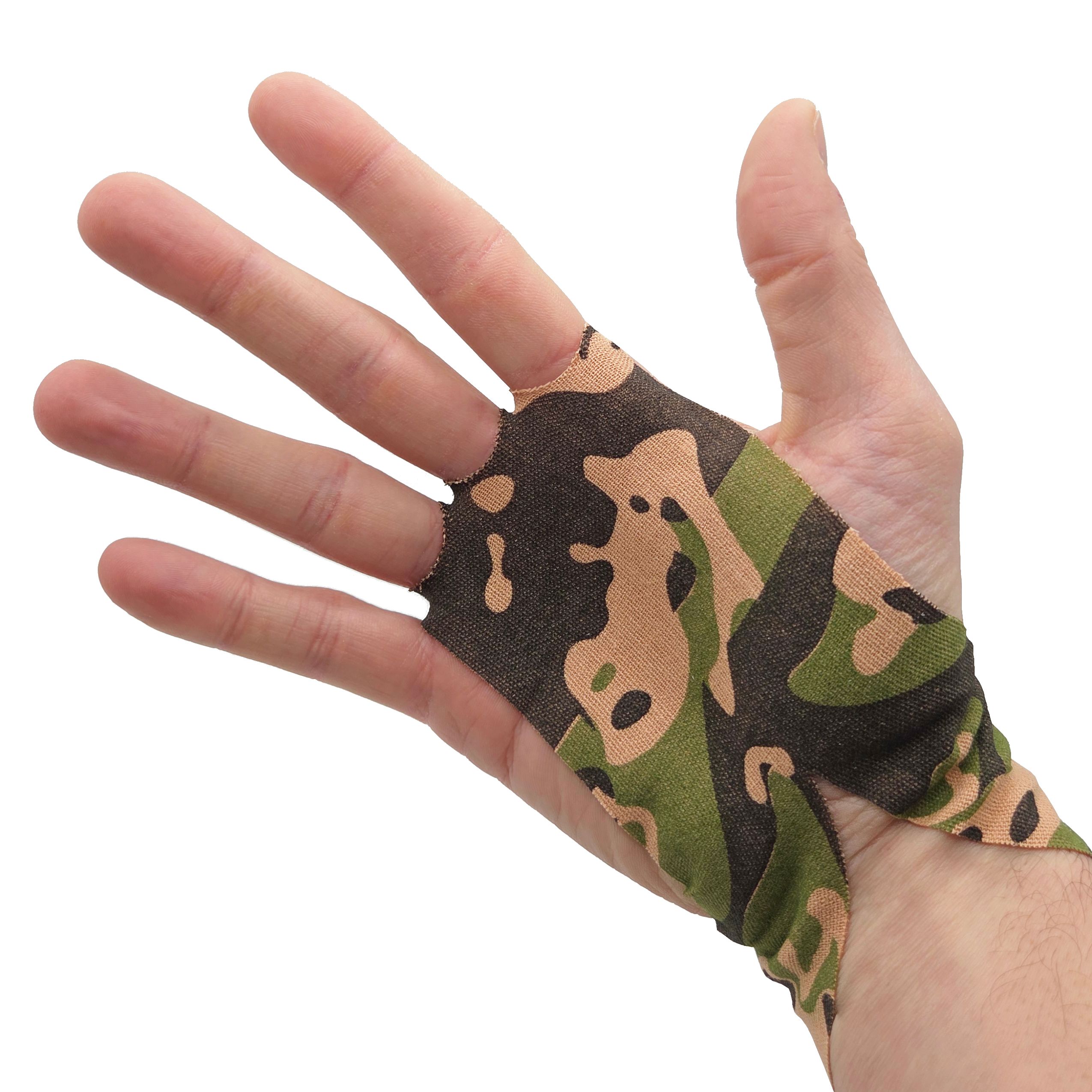 Hand mit camouflage-farbenem Tape, das die Handfläche bedeckt und um das Handgelenk reicht.