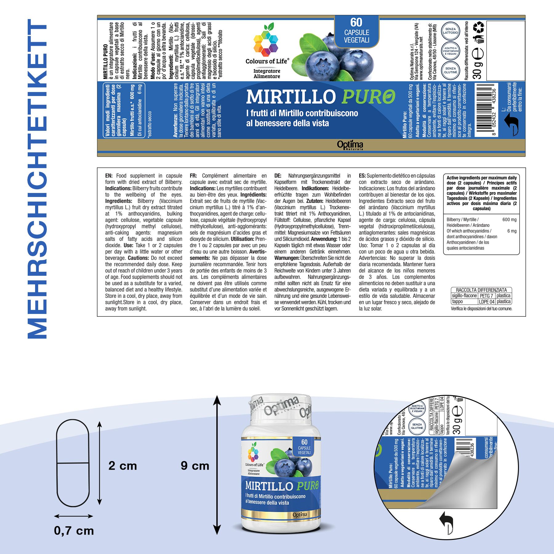 Produktabbildung mit Flasche, Kapsel und Verpackung. Flasche mit Etikett: Mirtillo Puro, 60 Kapseln. Verpackung mit Text und Inhaltsstoffen.