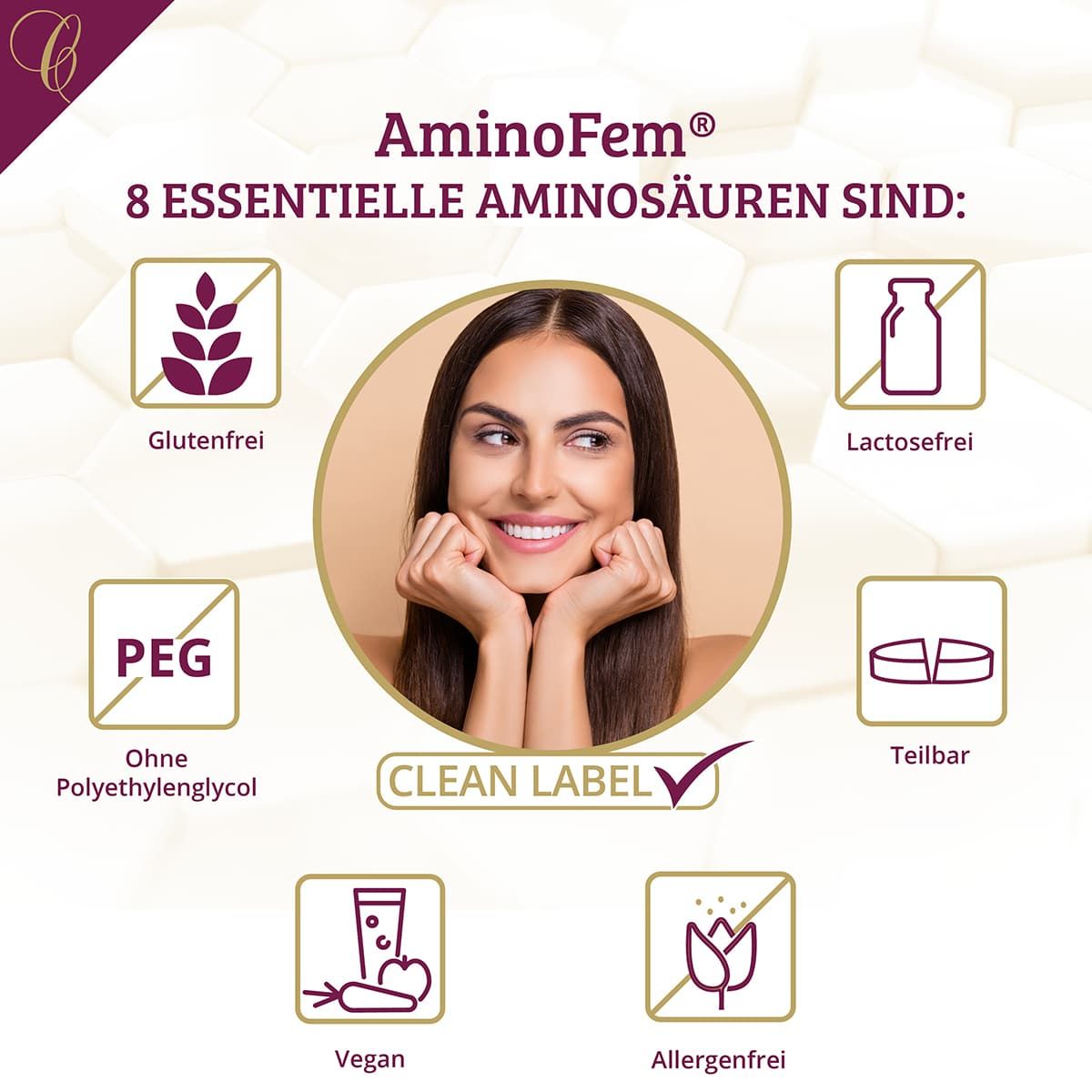 Grafik mit einer Frau und Symbolen. Zeigt Informationen über die Eigenschaften des Produkts. Text: AminoFem® 8 essentielle Aminosäuren sind: glutenfrei, laktosefrei, vegan, allergenfrei.