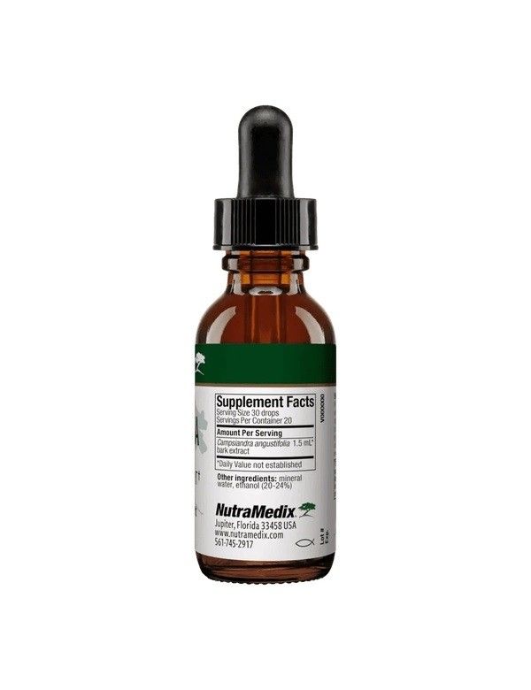 Rückseite der braunen Glasflasche. Etikett mit Nährwertangaben, Inhaltsstoffen und Herstelleradresse. Tropfflasche.